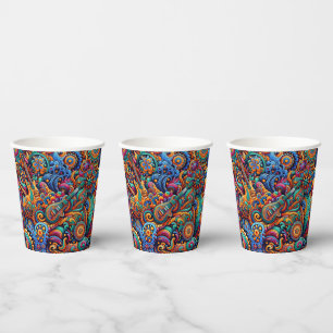 Psychedelic Batik Guitar Art–Colourful Retro Music Paper Cups