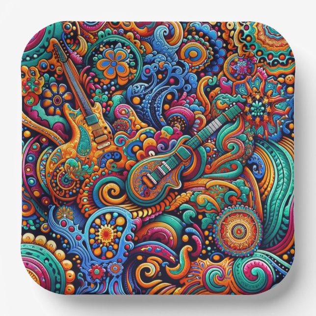 Psychedelic Batik Guitar Art–Colourful Retro Music Paper Plate (Front)