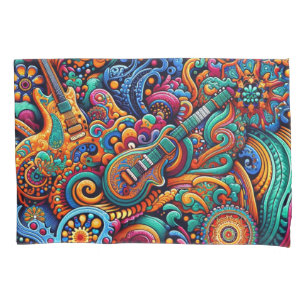 Psychedelic Batik Guitar Art–Colourful Retro Music Pillowcase