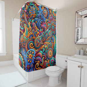 Psychedelic Batik Guitar Art–Colourful Retro Music Shower Curtain