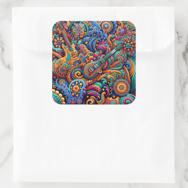 Psychedelic Batik Guitar Art–Colourful Retro Music Square Sticker (Bag)