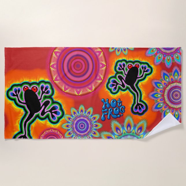 Psychedelic Beach Towel Hot Frog Surf Crimson (Front)