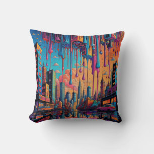 Psychedelic Blue Orange Drippy City Cushion