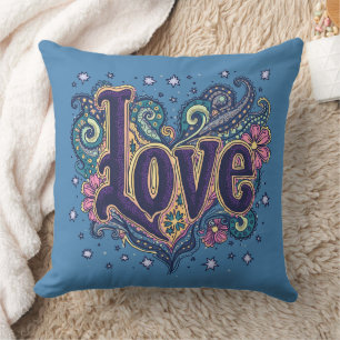 Psychedelic Boho Love Lettering with Floral Accent Cushion