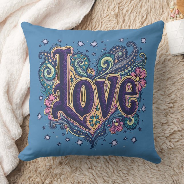 Psychedelic Boho Love Lettering with Floral Accent Cushion (Blanket)