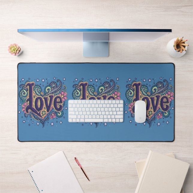 Psychedelic Boho Love Lettering with Floral Accent Desk Mat (Office 1)