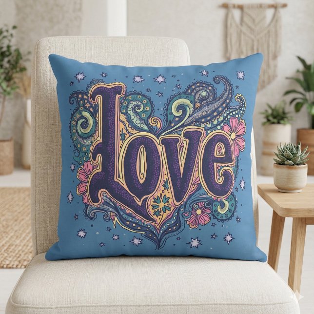 Psychedelic Boho Love Lettering with Floral Cushion (Psychedelic Boho Love Lettering with Floral Throw Pillow Mockup A)