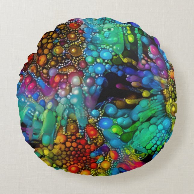 Psychedelic Bubble Burst Abstract Daisies  Round Cushion (Front)