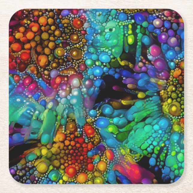 Psychedelic Bubble Burst Abstract Daisies  Square Paper Coaster (Front)