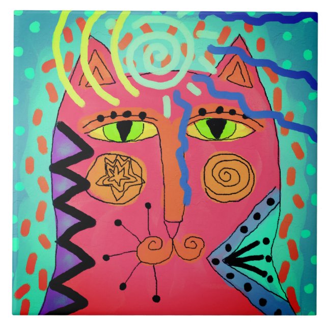 Psychedelic Cat Abstract Painting Ceramic Tile (Front)