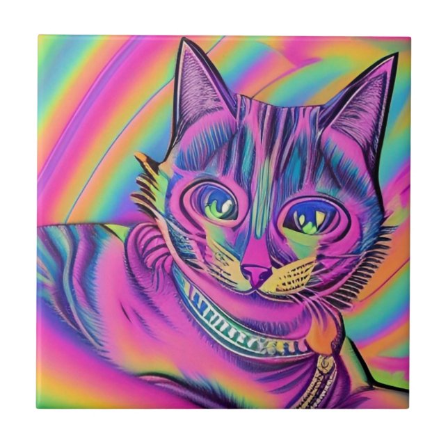 Psychedelic cat colourful purple fuchsia yellow ceramic tile (Front)
