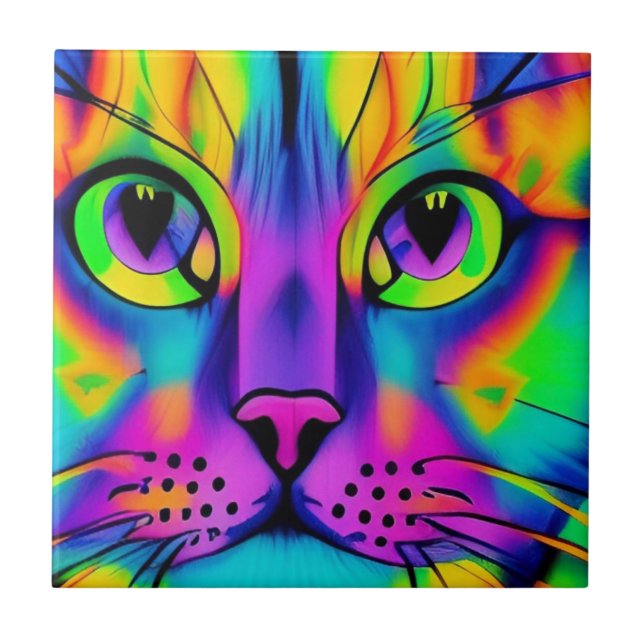 Psychedelic cat colourful purple fuschia green ceramic tile (Front)