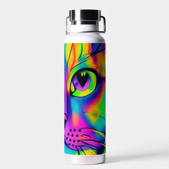 Psychedelic cat colourful purple fuschia green water bottle (Back)