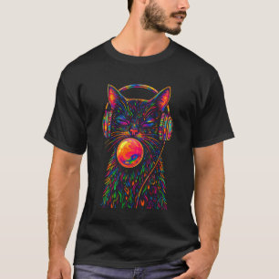 Psychedelic Cat Headphone Trippy Rainbow Hippie Lo T-Shirt