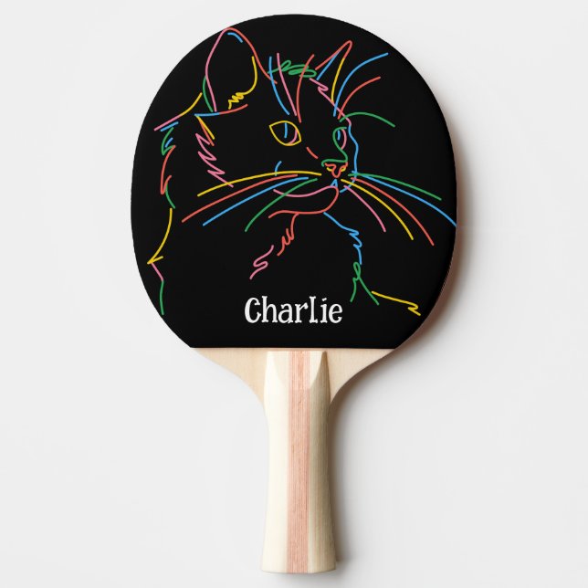 Psychedelic cat on ping pong paddle Editable name  (Front)