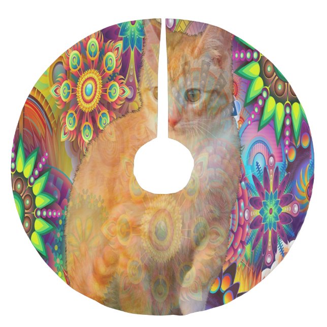 Psychedelic Cat Tree Skirt, Tie Dye Cat Brushed Polyester Tree Skirt (Front)