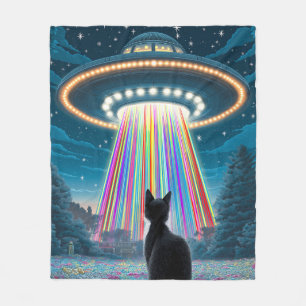 Psychedelic Cat & UFO Funny Alien Abduction Art Fleece Blanket