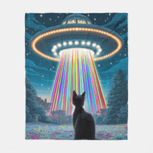 Psychedelic Cat & UFO Funny Alien Abduction Art Fleece Blanket