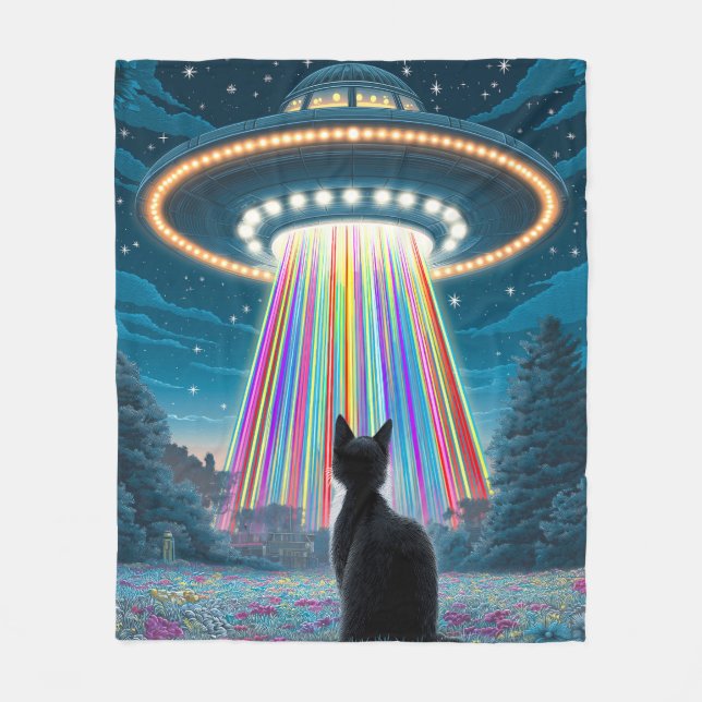 Psychedelic Cat & UFO | Funny Alien Abduction Art Fleece Blanket (Front)