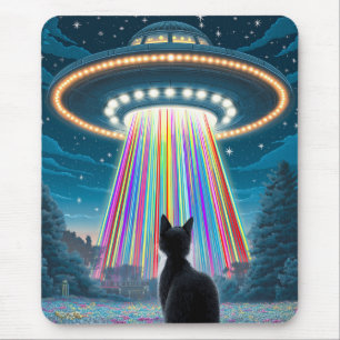 Psychedelic Cat & UFO   Funny Alien Abduction Art Mouse Pad