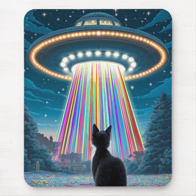 Psychedelic Cat & UFO | Funny Alien Abduction Art Mouse Pad (Front)