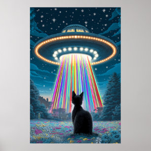 Psychedelic Cat & UFO Funny Alien Abduction Art Poster