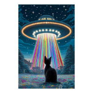 Psychedelic Cat & UFO   Funny Alien Abduction Art Poster