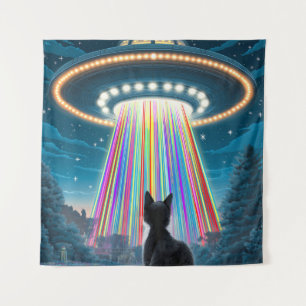 Psychedelic Cat & UFO   Funny Alien Abduction Art Tapestry