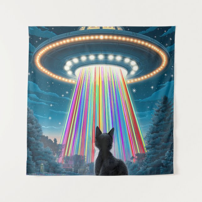Psychedelic Cat & UFO | Funny Alien Abduction Art Tapestry (Front)