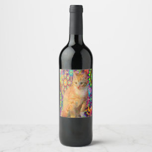 Psychedelic Cat Wine Bottle, Tie Dye Cat Wine Label