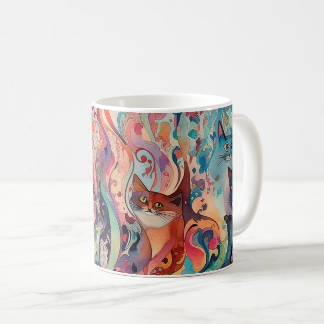 Psychedelic cats abstract flowers. Funny graphic. Coffee Mug (Front Right)