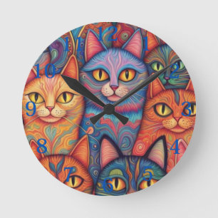 Psychedelic cats. Hippy, Bohemian, BoHo Round Clock