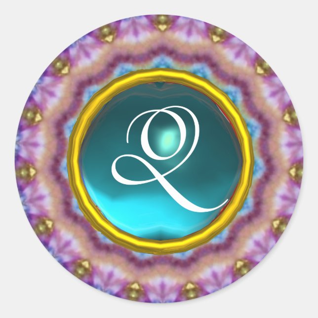 PSYCHEDELIC CIRCLES MONOGRAM blue turquase pink Classic Round Sticker (Front)