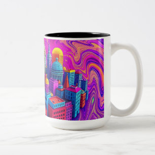 Psychedelic Cities Morphing in Vivid Colours Two-Tone Coffee Mug