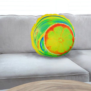 Psychedelic Citrus Pop Art Orange Slice Tropical Round Cushion