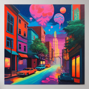 Psychedelic Colourful City Drippy Art Poster