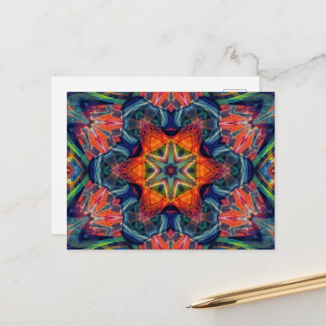 Psychedelic Colourful Kaleidoscope Pattern Postcard (Front/Back In Situ)