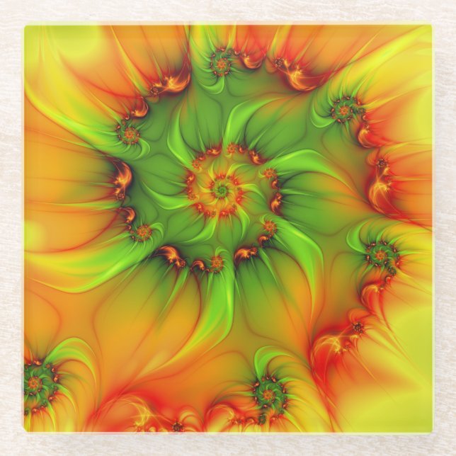 Psychedelic Colourful Modern Abstract Fractal Art Glass Coaster (Front)