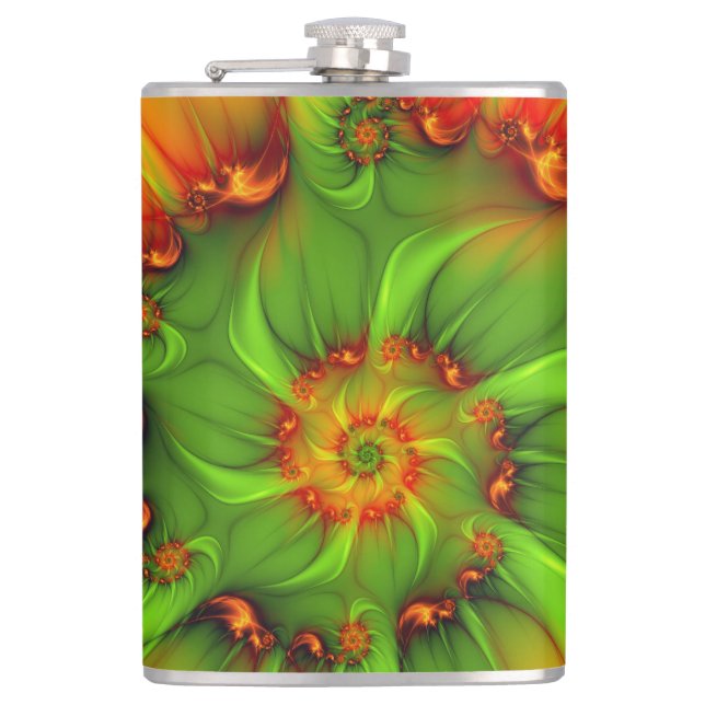 Psychedelic Colourful Modern Abstract Fractal Art Hip Flask (Front)