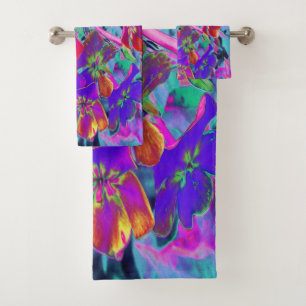 Psychedelic Colourful Red and Purple Flowers Bath Towel Set