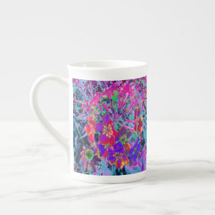Psychedelic Colourful Red and Purple Flowers Bone China Mug