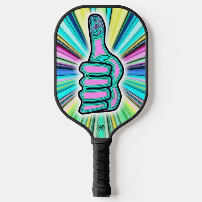 Psychedelic colourful thumbs up/down v1.1 pickleball paddle (Front)