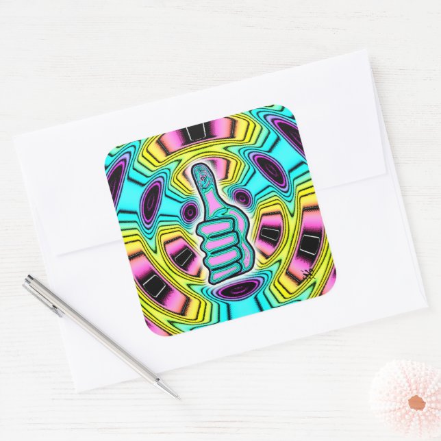 Psychedelic colourful thumbs up v1 square sticker (Envelope)