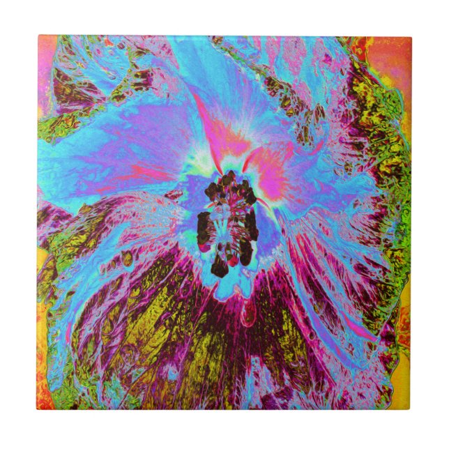 Psychedelic Cornflower Blue and Magenta Hibiscus Ceramic Tile (Front)