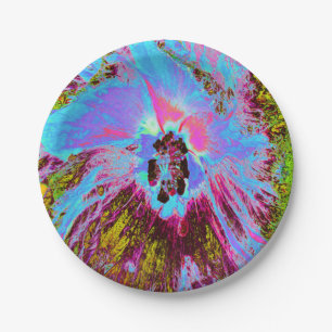 Psychedelic Cornflower Blue and Magenta Hibiscus Paper Plate