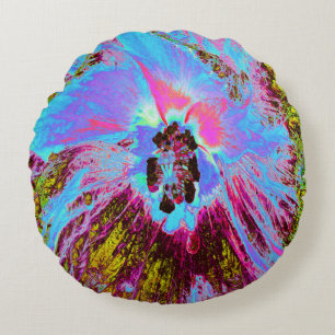 Psychedelic Cornflower Blue and Magenta Hibiscus Round Cushion