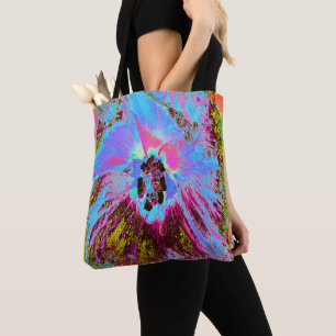 Psychedelic Cornflower Blue and Magenta Hibiscus Tote Bag