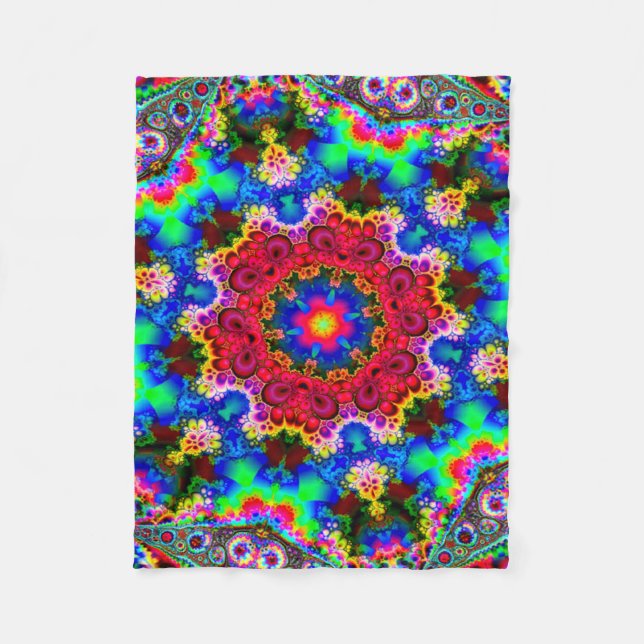 Psychedelic Cosmic Flower Fractal Fleece Blanket (Front)