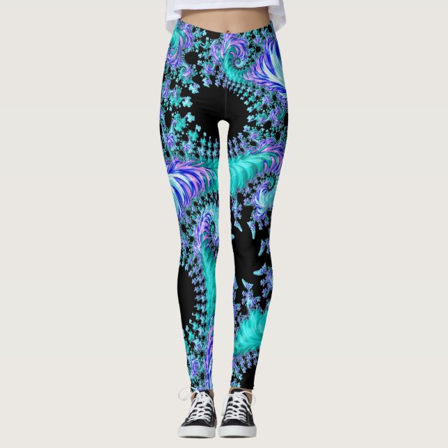 Psychedelic Cyan Tentacle Abstract Fractal Art Leggings (Front)
