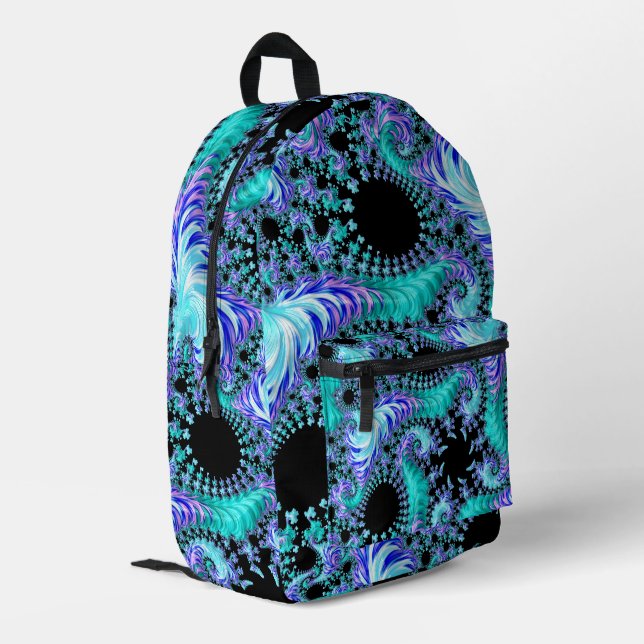 Psychedelic Cyan Tentacle Abstract Fractal Art Printed Backpack (Back Corner Left)